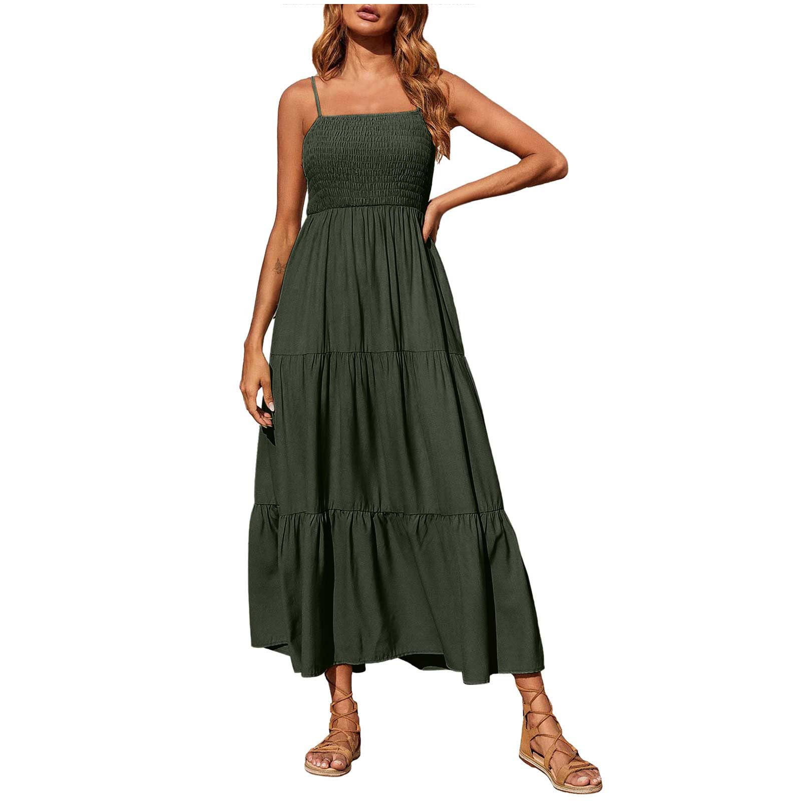 Ersazi Midi Skirt Bohemian Spaghetti Strap Smocked Tiered Long Beach Sun Dresses Sleeveless Solid Maxi Dress On Clearance Skirts With Shorts Underneath Green S